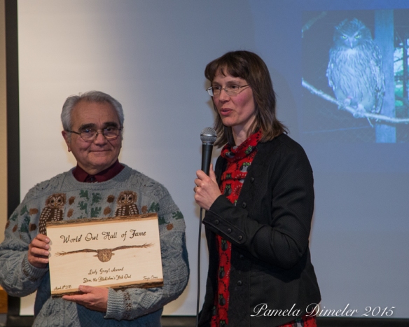 Dr. Rocky Gutierrez, Spotted owl Researcher and Gordon Gullion Endowed chair in Forest Wildlife Research, University of Minnesota.  Dr. Gutierrez spoke about Don the Blakiston's Fish Owl, Winner of the World Owl Hallof Fame's Lady Gray'l Award.  